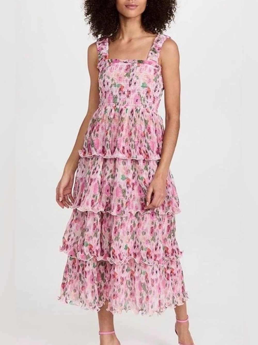 GANNI Sugar Plum Floral Plissé Georgette Smocked Tiered Midi Dress Size 40